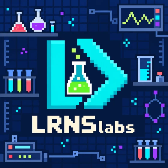 LRNSlabs pixel-art logo: a cyan code symbol around a lime-green flask, surrounded by colorful laboratory equipment